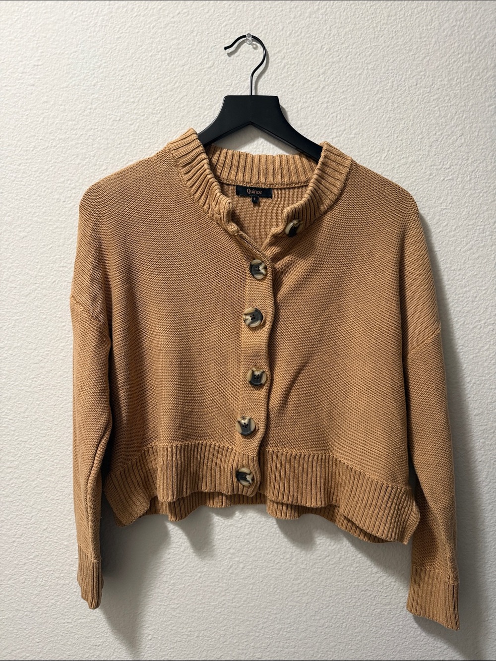 Quince 100% Cotton Cropped Button Front Cardigan Camel S